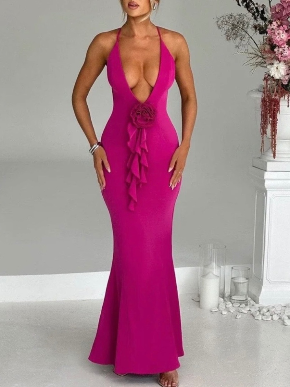 BABYBOO NWT Constantina Ruffle Floral Maxi Dress in Hot Pink - Size Small